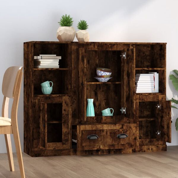 vidaXL Aparador alto 3 piezas madera contrachapada roble ahumado
