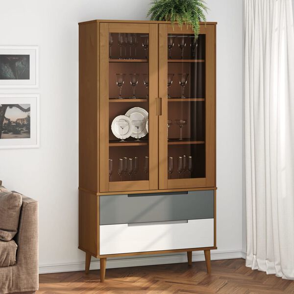 vidaXL Mueble vitrina MOLDE madera maciza de pino marr&oacute;n 90x35x175 cm