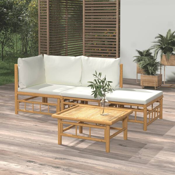 vidaXL Set de muebles de jardín 4 piezas bambú y cojines blanco crema