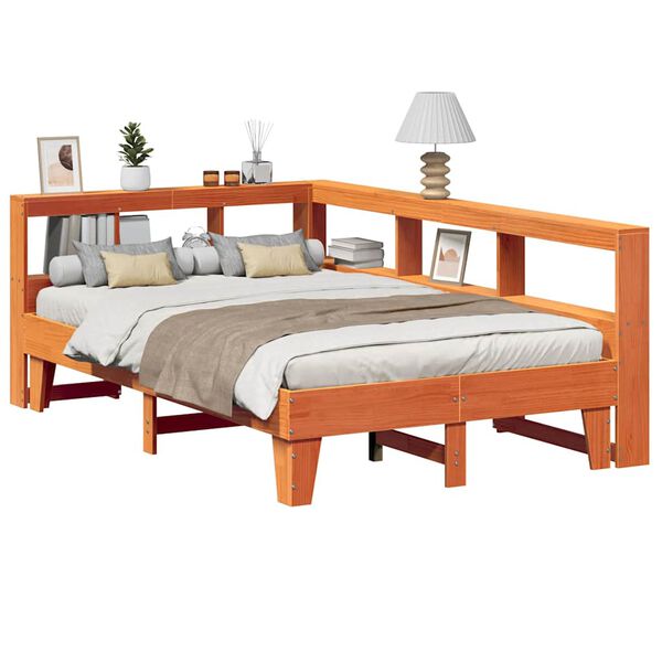vidaXL Cama con estanter&iacute;a sin colch&oacute;n madera maciza marr&oacute;n 135x190cm