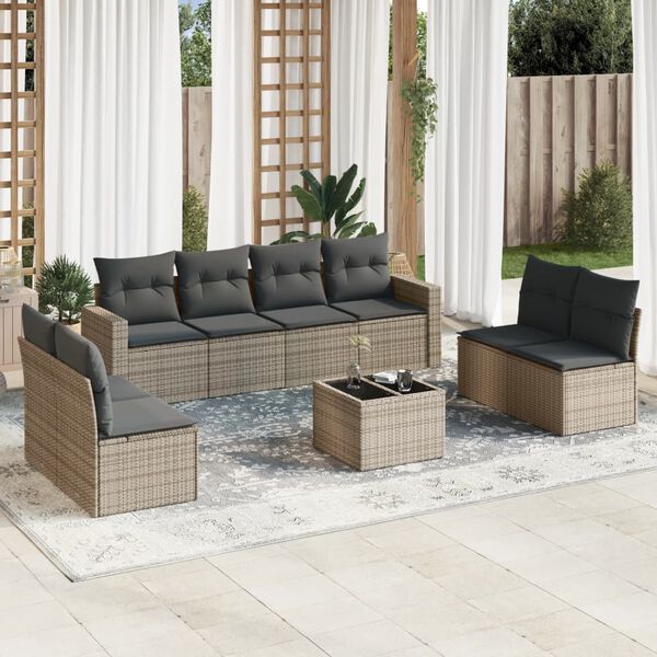 vidaXL Set de sof&aacute;s de jard&iacute;n 9 pzas con cojines rat&aacute;n sint&eacute;tico beige