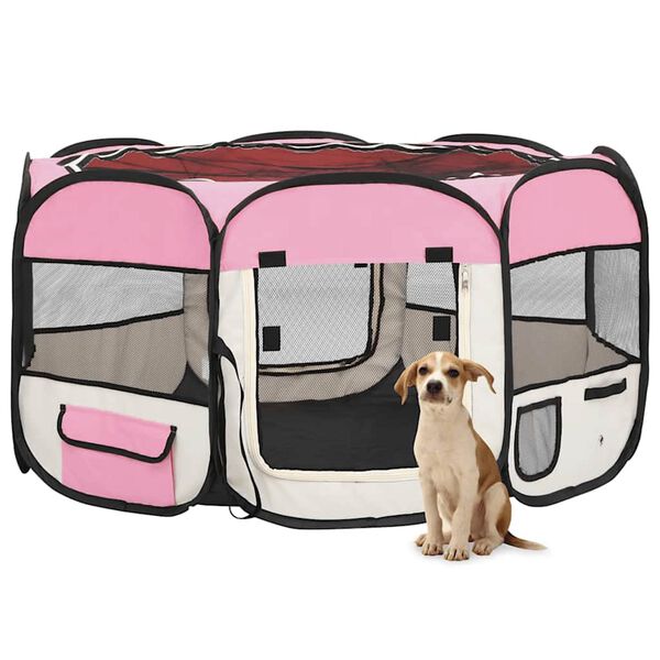 vidaXL Parque de perros plegable y bolsa transporte rosa 125x125x61cm