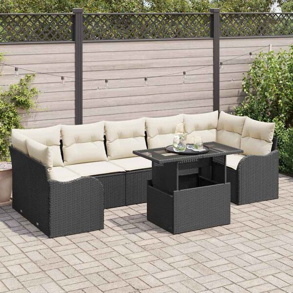 vidaXL Conjunto de sof&aacute; de jard&iacute;n con coj&iacute;n 8 pcs Negro Polirat&aacute;n