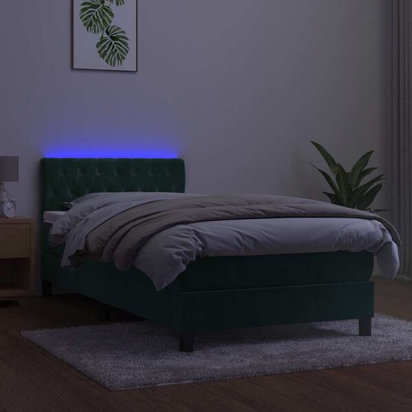 vidaXL Cama box spring colch&oacute;n y LED terciopelo verde oscuro 90x200 cm