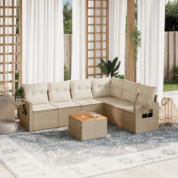 vidaXL Set sof&aacute;s de jard&iacute;n 7 piezas y cojines rat&aacute;n sint&eacute;tico beige
