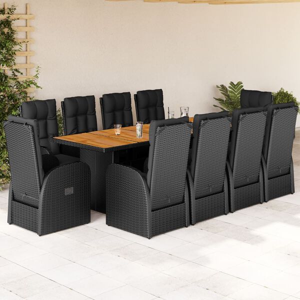 vidaXL Set de comedor jard&iacute;n 11 pzas con cojines rat&aacute;n sint&eacute;tico negro