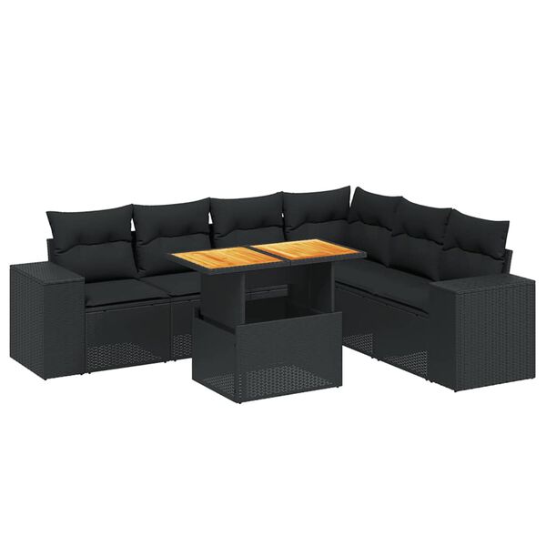 vidaXL Set de comedor de jard&iacute;n 7 pzas y cojines rat&aacute;n sint&eacute;tico negro