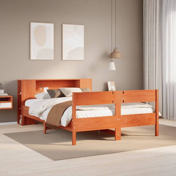 vidaXL Cama con estanter&iacute;a sin colch&oacute;n madera maciza marr&oacute;n 160x200 cm