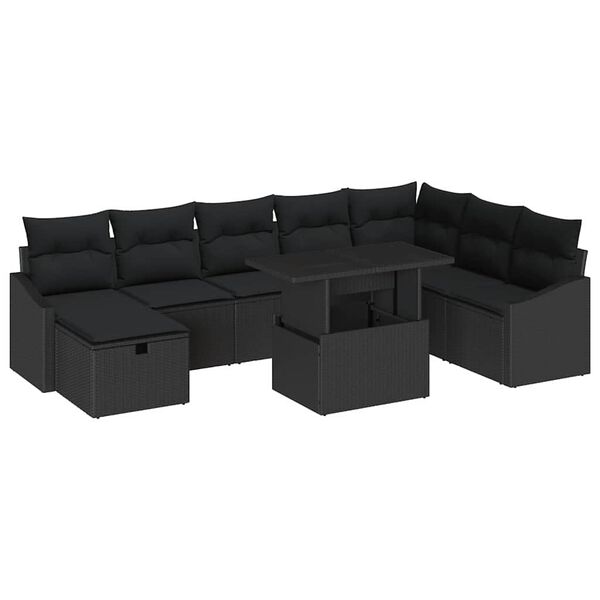 vidaXL Conjunto de sof&aacute; de jard&iacute;n 9 pcs Negro rat&aacute;n sint&eacute;tico