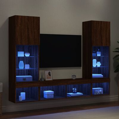 vidaXL Muebles TV pared con LED 5 pzas madera ingeniería marrón roble
