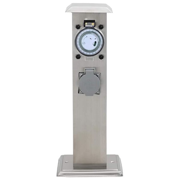 Columna de acero inoxidable con enchufe y temporizador para el jardín