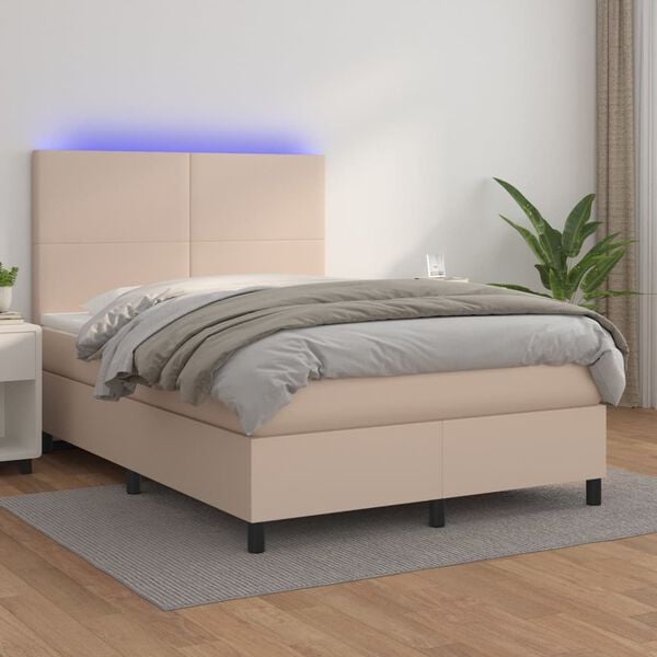 vidaXL Cama box spring colch&oacute;n LED cuero sint&eacute;tico capuchino 140x200cm