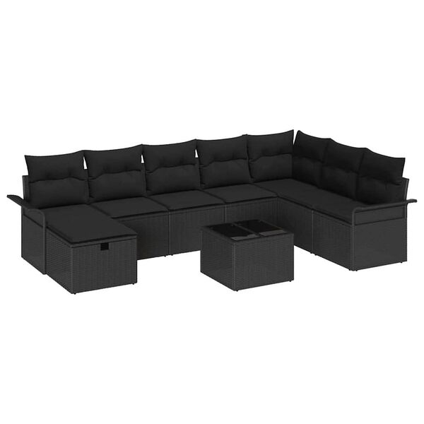 vidaXL Conjunto de sof&aacute; de jard&iacute;n con coj&iacute;n 9 pcs Negro Polirat&aacute;n
