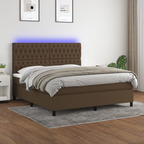 vidaXL Cama box spring colch&oacute;n luces LED tela marr&oacute;n oscuro 160x200cm