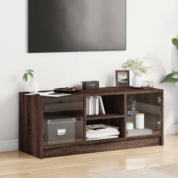 vidaXL Mueble de TV con puertas de vidrio marr&oacute;n roble 102x37x42 cm