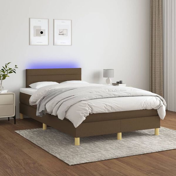vidaXL Cama box spring con colch&oacute;n y LED tela marr&oacute;n oscuro 120x200 cm