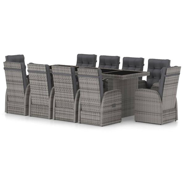 vidaXL Set de comedor de jardín 11 pzas y cojines ratán sintético gris