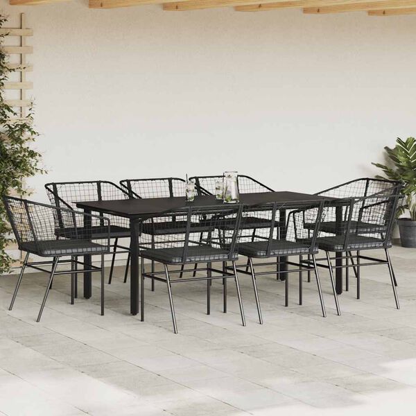 vidaXL Set de comedor jard&iacute;n 9 piezas cojines rat&aacute;n polivin&iacute;lico negro