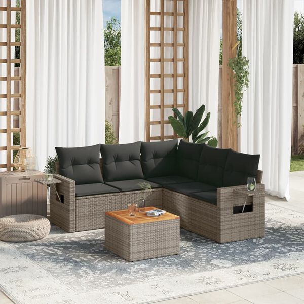 vidaXL Set de muebles de jard&iacute;n 6 pzas y cojines rat&aacute;n sint&eacute;tico gris
