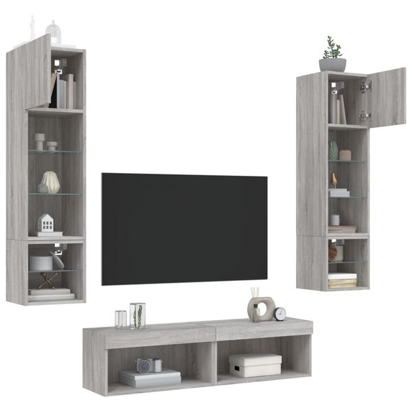 vidaXL Muebles TV pared con LED 6 pzas madera ingenier&iacute;a gris Sonoma