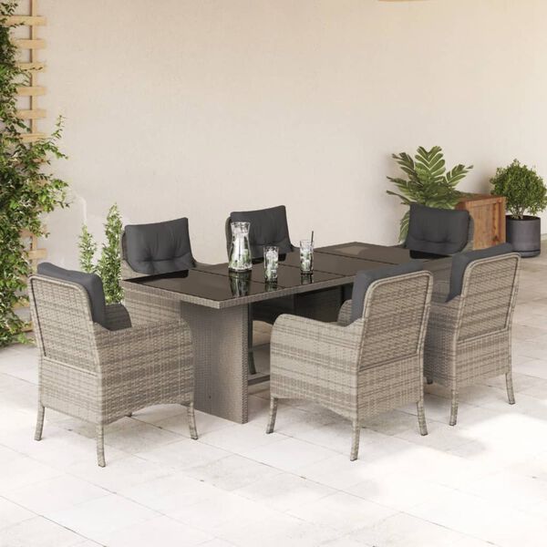 vidaXL Set comedor jard&iacute;n 7 pzas y cojines rat&aacute;n sint&eacute;tico gris claro
