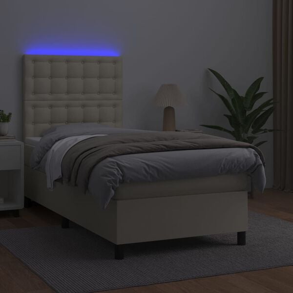vidaXL Cama box spring y colch&oacute;n LED cuero sint&eacute;tico crema 90x200 cm