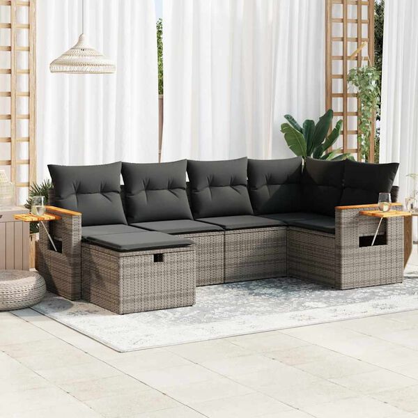 vidaXL Set de muebles de jard&iacute;n 6 pzas y cojines rat&aacute;n sint&eacute;tico gris