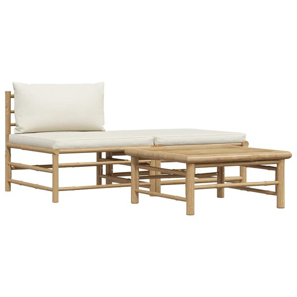 vidaXL Set de muebles de jardín 3 piezas bambú y cojines blanco crema