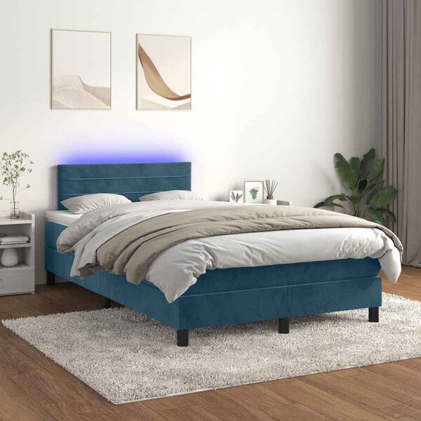 vidaXL Cama box spring colch&oacute;n y LED terciopelo azul oscuro 120x200 cm