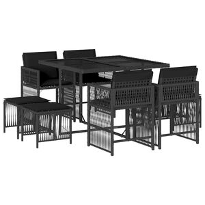 vidaXL Set de comedor de jard&iacute;n 9 pzas y cojines rat&aacute;n sint&eacute;tico negro