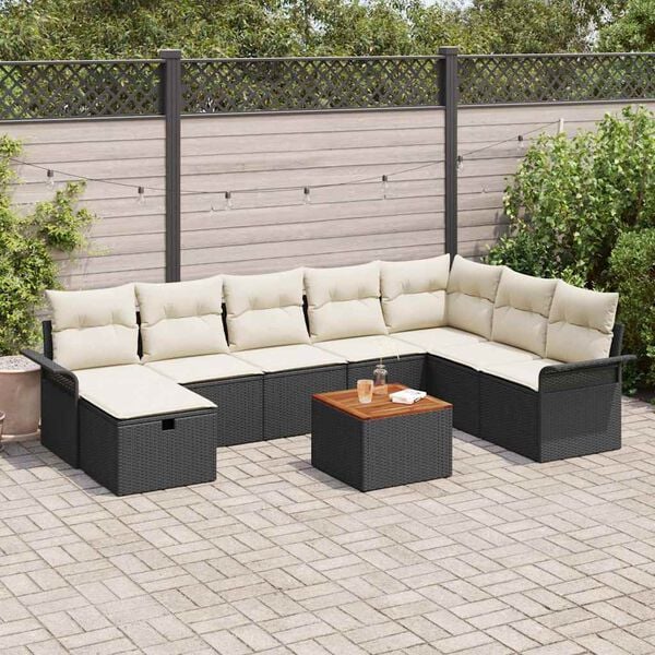 vidaXL Conjunto de sofá de jardín con cojín 9 pcs Negro Poliratán