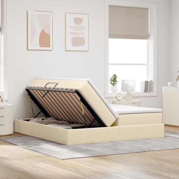 vidaXL Cama con almacenamiento y colch&oacute;n Crema 180 x 200 cm Poli&eacute;ster