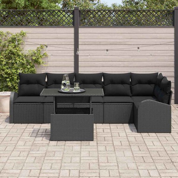 vidaXL Conjunto de sof&aacute; de jard&iacute;n con coj&iacute;n 7 pcs Negro Polirat&aacute;n