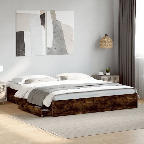 vidaXL Cama con cajones madera de ingenier&iacute;a roble ahumado 200x200 cm