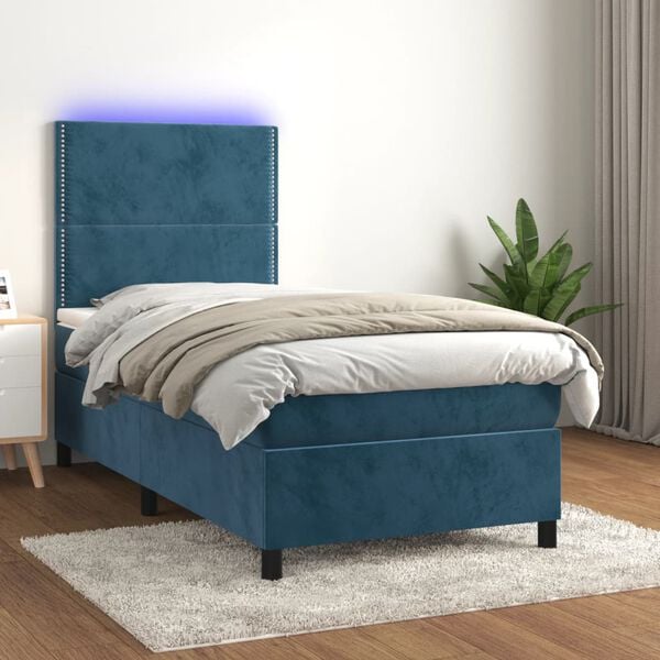 vidaXL Cama box spring colch&oacute;n y LED terciopelo azul oscuro 90x190 cm