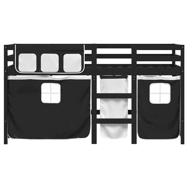 vidaXL Cama alta ni&ntilde;os con cortinas madera pino blanco negro 80x200 cm