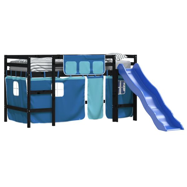 vidaXL Cama alta para ni&ntilde;os con cortinas madera pino azul 90x200 cm