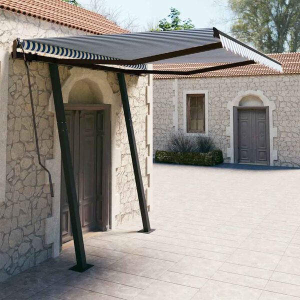 vidaXL Toldo manual retr&aacute;ctil con postes azul y blanco 3,5x2,5 m
