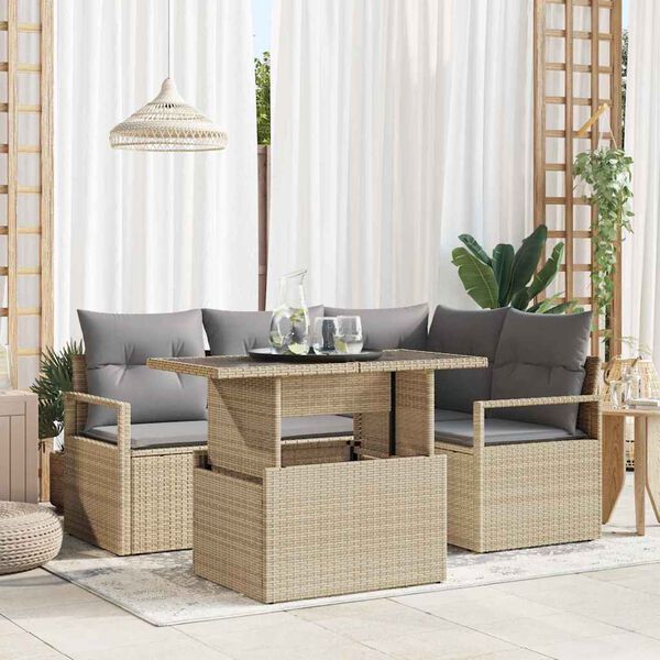 vidaXL Conjunto de sof&aacute; de jard&iacute;n 5 pcs Beige Polirat&aacute;n