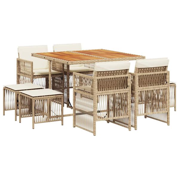 vidaXL Set comedor de jard&iacute;n 9 pzas con cojines rat&aacute;n sint&eacute;tico beige
