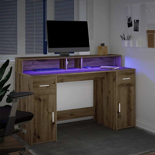 vidaXL Escritorio con LED madera ingeniería roble artisian 140x55x91cm