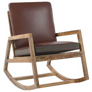 vidaXL Silla mecedora de cuero aut&eacute;ntico y madera mango maciza marr&oacute;n