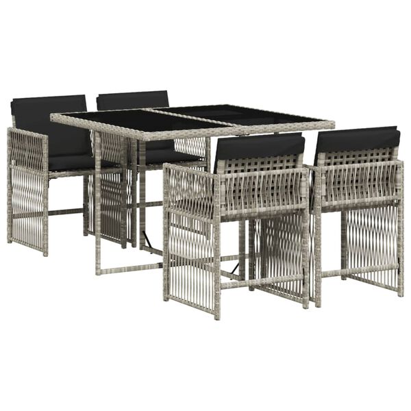 vidaXL Set comedor de jard&iacute;n 5 pzas cojines rat&aacute;n sint&eacute;tico gris claro