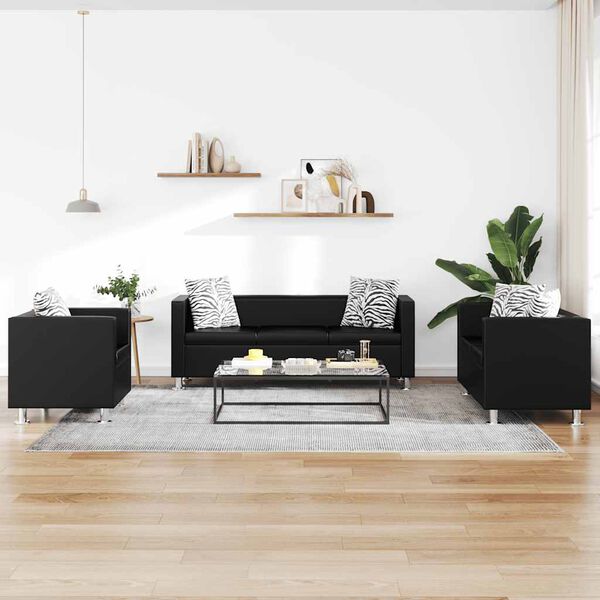 vidaXL Conjunto de sof&aacute;s de 2 y 3 plazas y sill&oacute;n de cuero artificial negro