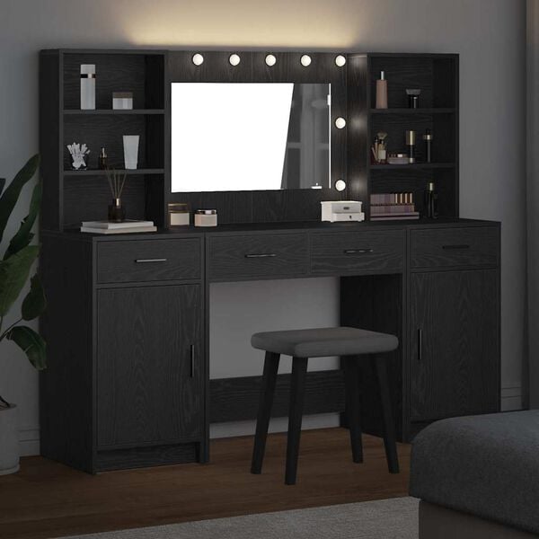 vidaXL Conjunto de mesa de vestidor con LED 3 pcs Roble Negro