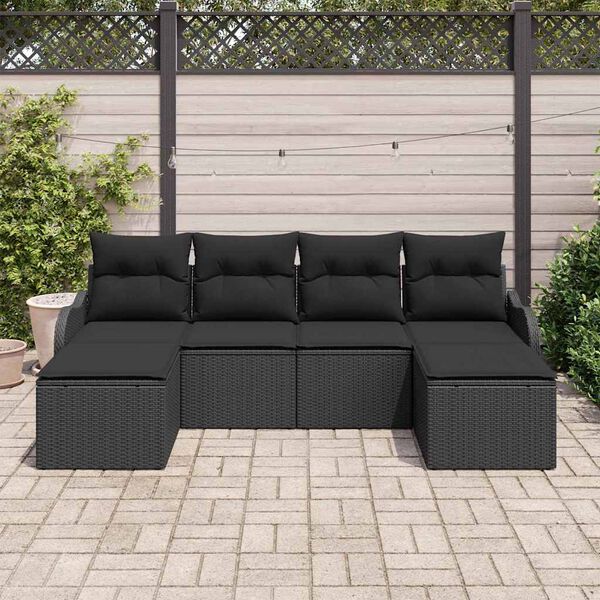 vidaXL Conjunto de sof&aacute; de jard&iacute;n con coj&iacute;n 6 pcs Negro Polirat&aacute;n