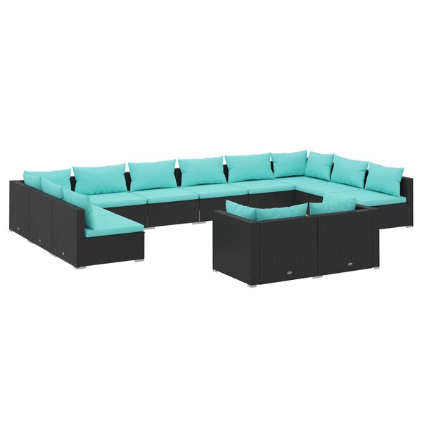 vidaXL Set de muebles de jard&iacute;n 12 pzas cojines rat&aacute;n sint&eacute;tico negro