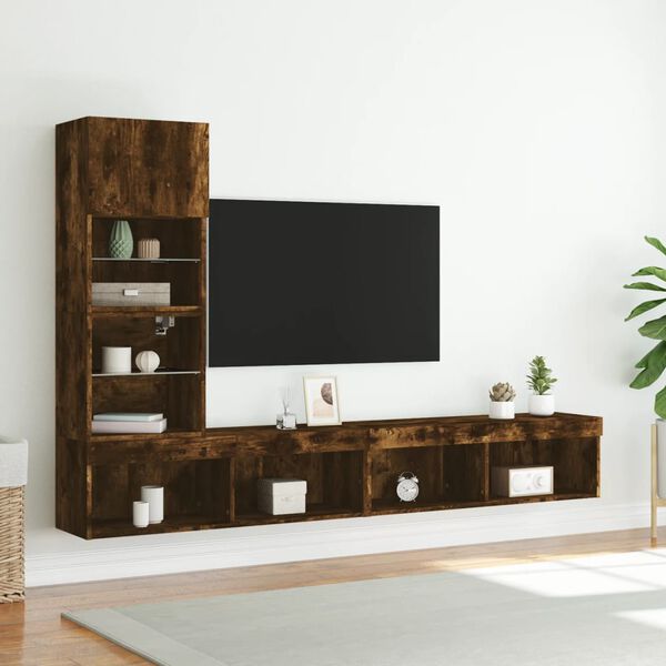 vidaXL Muebles TV pared con LED 4 pzas madera ingenier&iacute;a roble ahumado