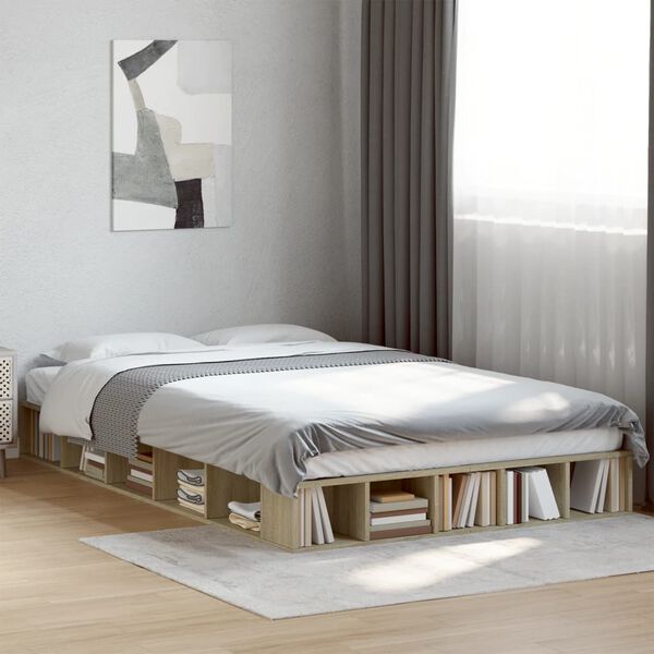 vidaXL Estructura de cama madera de ingenier&iacute;a roble Sonoma 135x190 cm