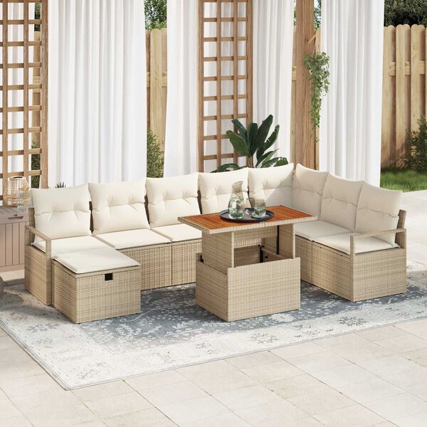 vidaXL Conjunto de sof&aacute; de jard&iacute;n 9 pcs Beige rat&aacute;n sint&eacute;tico